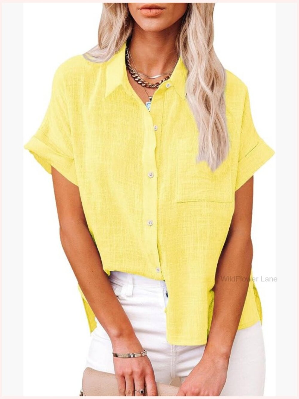 Short Sleeve Cotton V Neck Button Down Blouse Tunic with Pockets